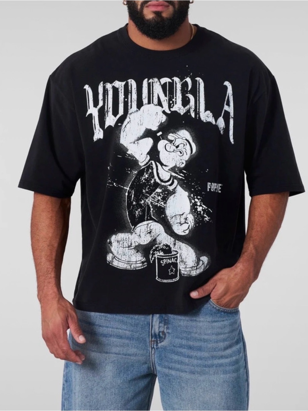 YoungLA Black Tee with White Popeye Graphic